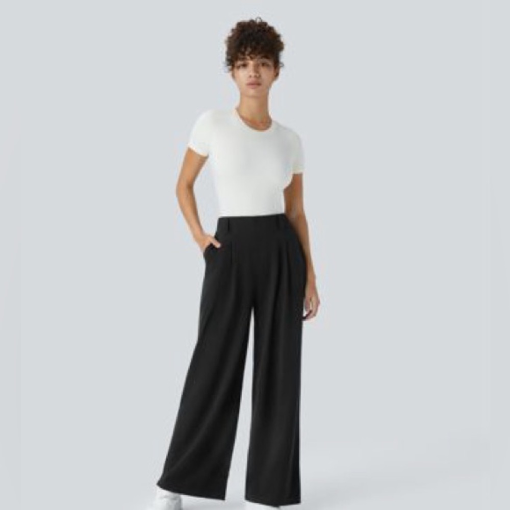 Halara Flex NWT High Waisted Pocket Wide Leg Waffle pants Black M regular 28”